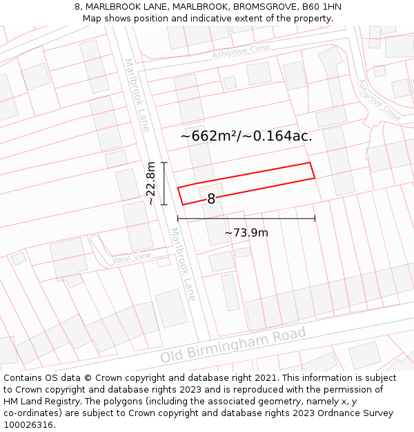 8, MARLBROOK LANE, MARLBROOK, BROMSGROVE, B60 1HN: Plot and title map