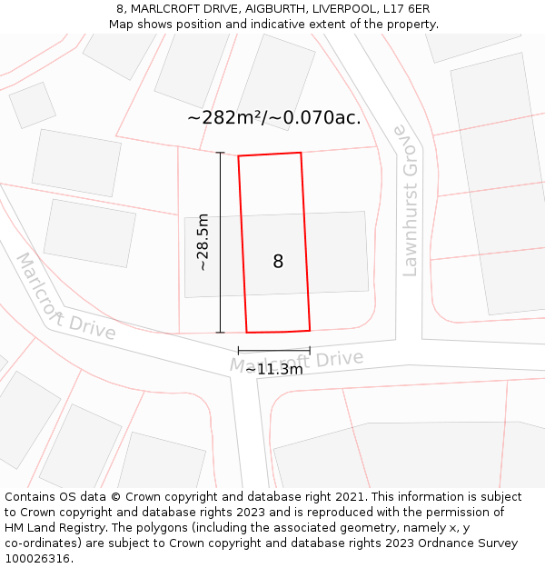 8, MARLCROFT DRIVE, AIGBURTH, LIVERPOOL, L17 6ER: Plot and title map