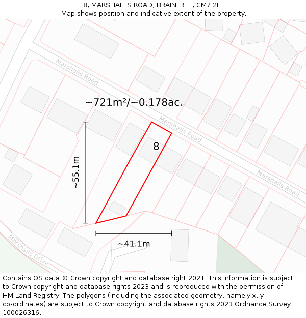 8, MARSHALLS ROAD, BRAINTREE, CM7 2LL: Plot and title map