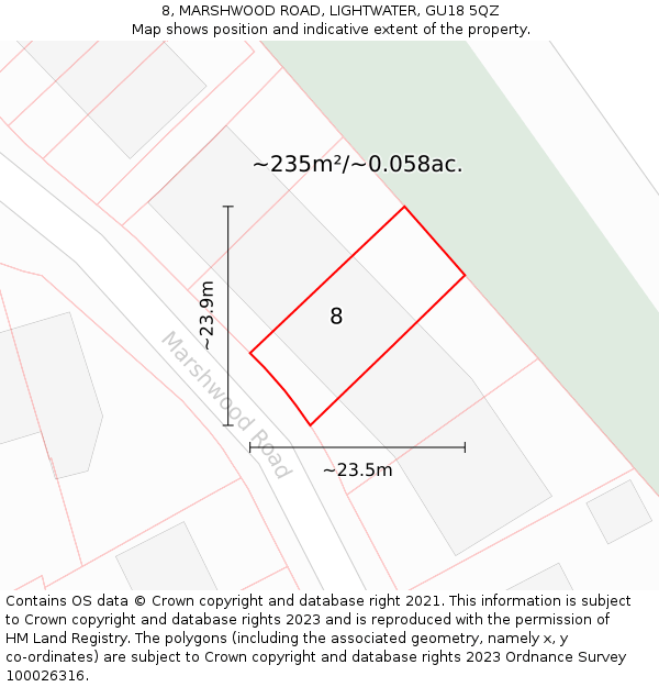 8, MARSHWOOD ROAD, LIGHTWATER, GU18 5QZ: Plot and title map