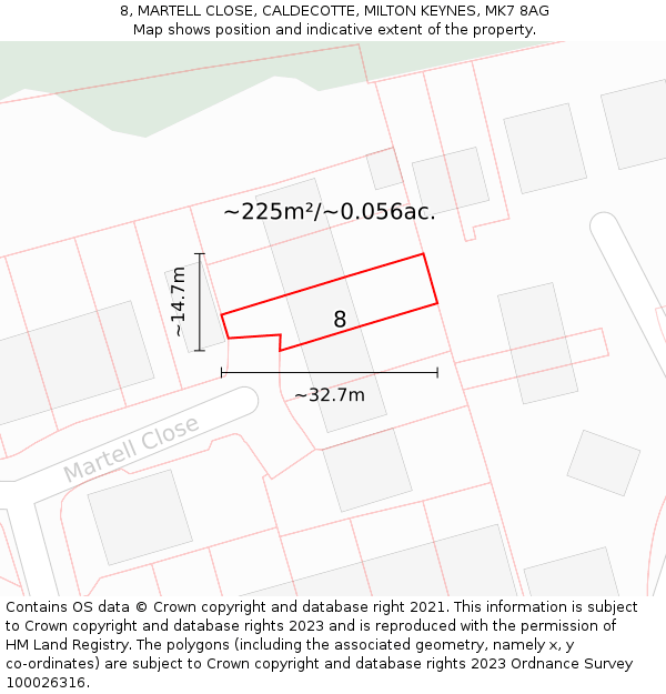 8, MARTELL CLOSE, CALDECOTTE, MILTON KEYNES, MK7 8AG: Plot and title map