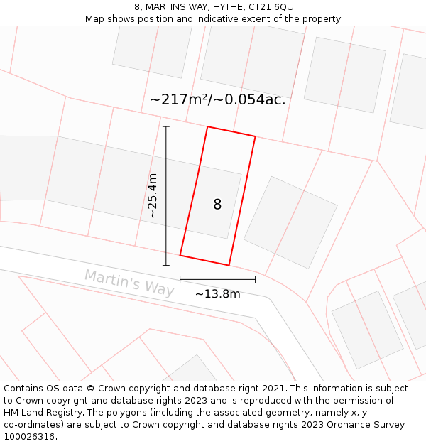 8, MARTINS WAY, HYTHE, CT21 6QU: Plot and title map