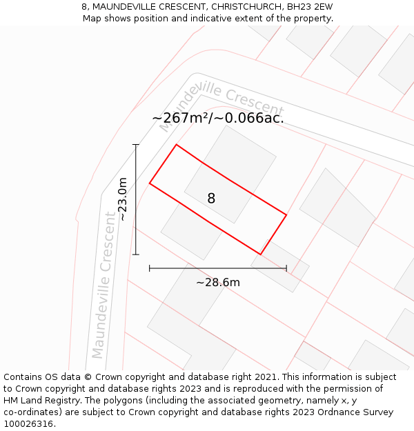 8, MAUNDEVILLE CRESCENT, CHRISTCHURCH, BH23 2EW: Plot and title map