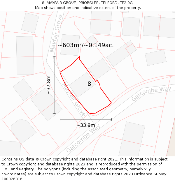 8, MAYFAIR GROVE, PRIORSLEE, TELFORD, TF2 9GJ: Plot and title map