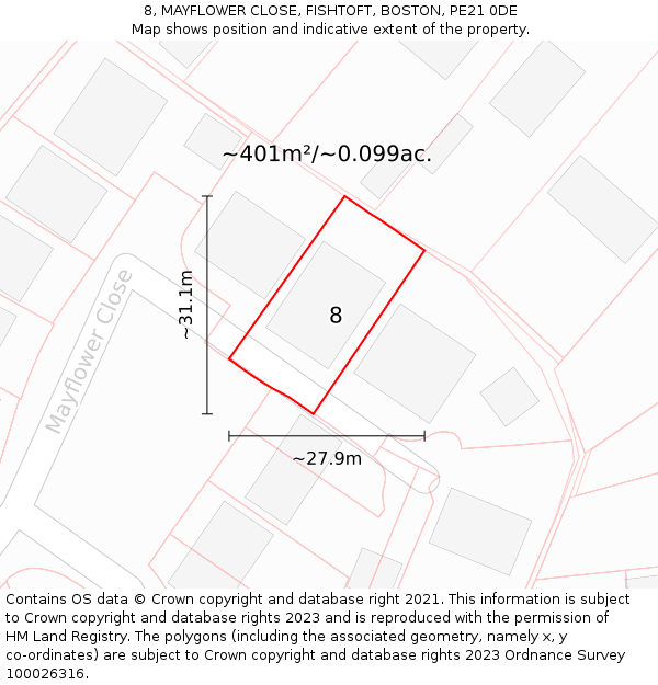 8, MAYFLOWER CLOSE, FISHTOFT, BOSTON, PE21 0DE: Plot and title map