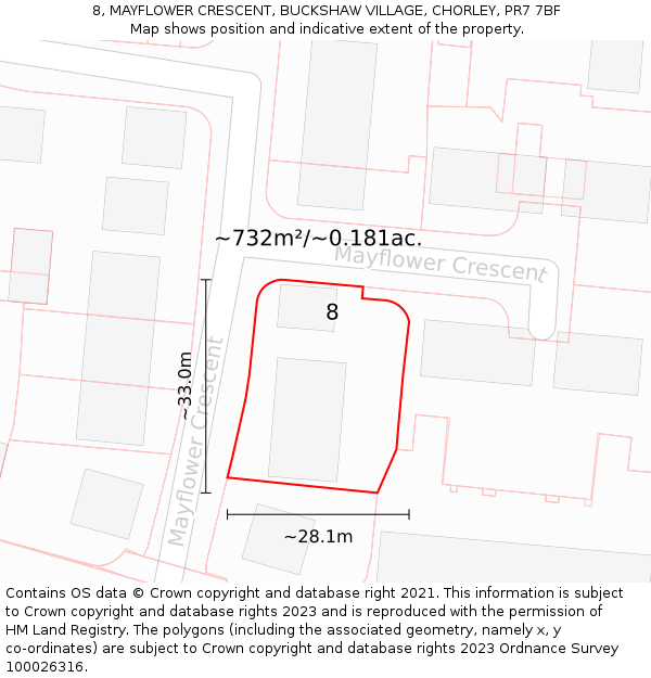 8, MAYFLOWER CRESCENT, BUCKSHAW VILLAGE, CHORLEY, PR7 7BF: Plot and title map