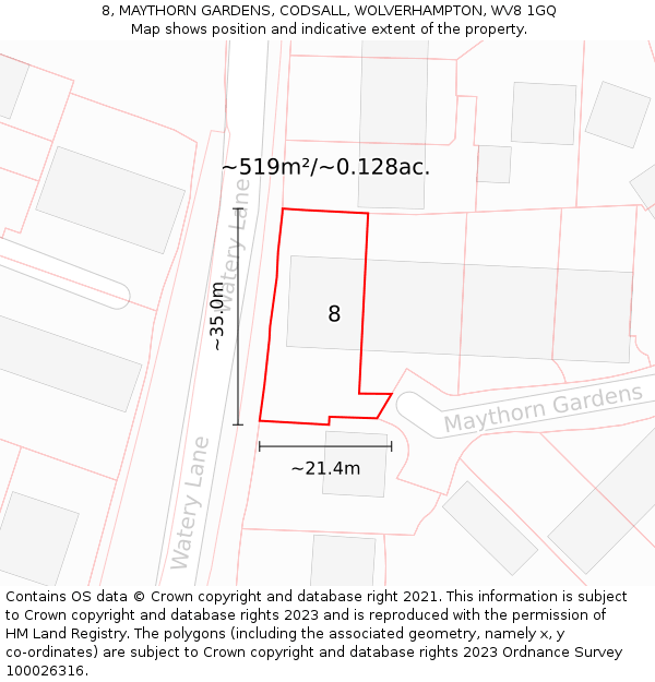 8, MAYTHORN GARDENS, CODSALL, WOLVERHAMPTON, WV8 1GQ: Plot and title map