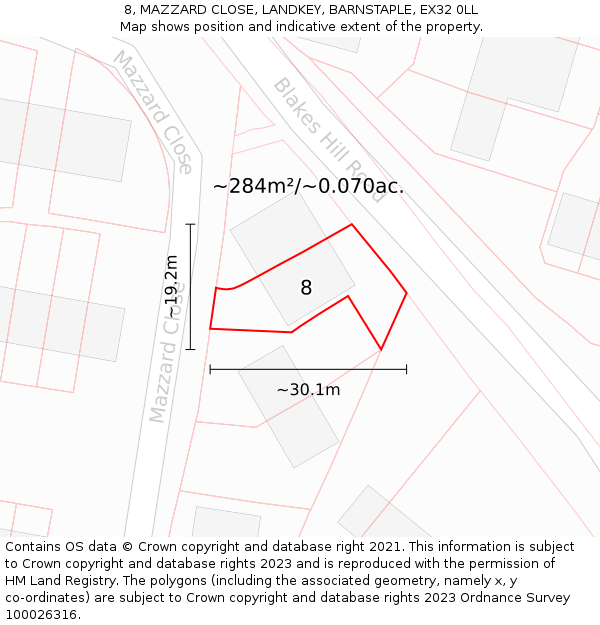 8, MAZZARD CLOSE, LANDKEY, BARNSTAPLE, EX32 0LL: Plot and title map