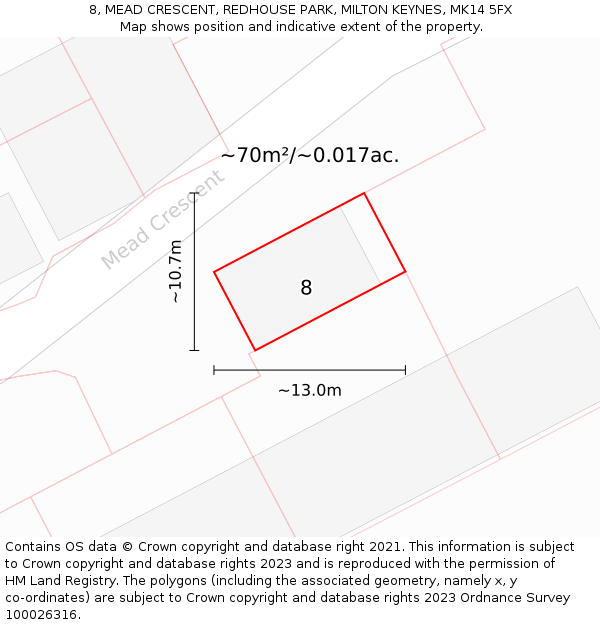 8, MEAD CRESCENT, REDHOUSE PARK, MILTON KEYNES, MK14 5FX: Plot and title map