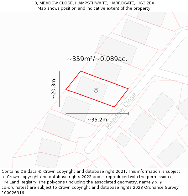 8, MEADOW CLOSE, HAMPSTHWAITE, HARROGATE, HG3 2EX: Plot and title map