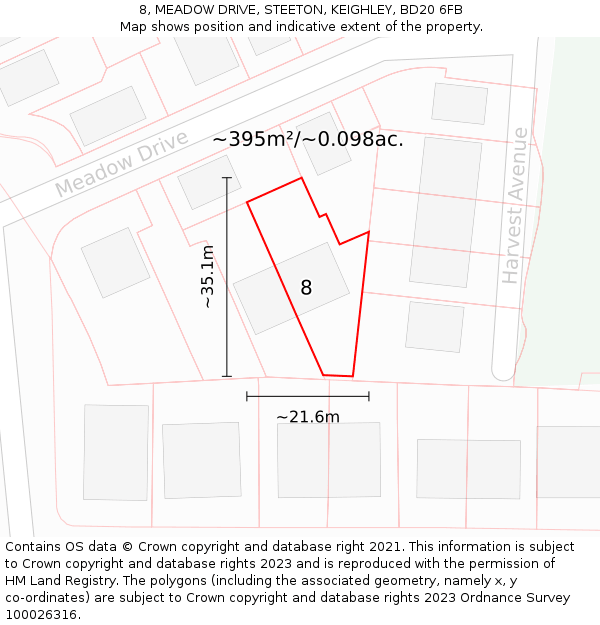 8, MEADOW DRIVE, STEETON, KEIGHLEY, BD20 6FB: Plot and title map