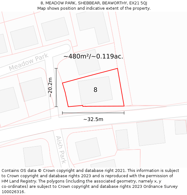 8, MEADOW PARK, SHEBBEAR, BEAWORTHY, EX21 5QJ: Plot and title map