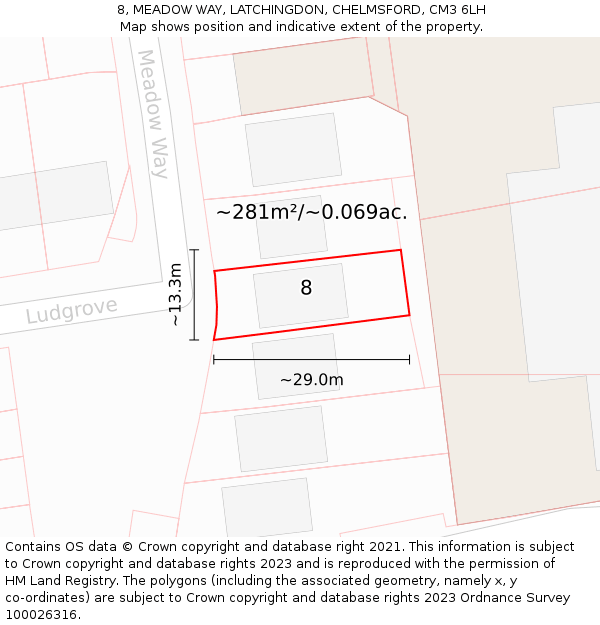 8, MEADOW WAY, LATCHINGDON, CHELMSFORD, CM3 6LH: Plot and title map