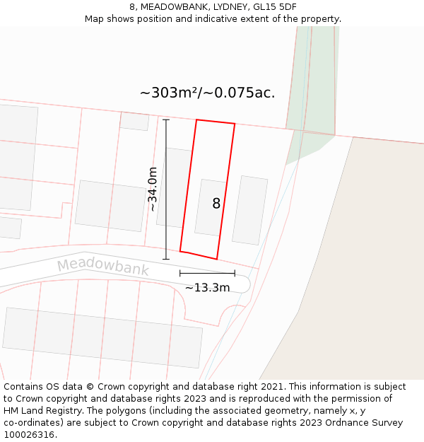 8, MEADOWBANK, LYDNEY, GL15 5DF: Plot and title map