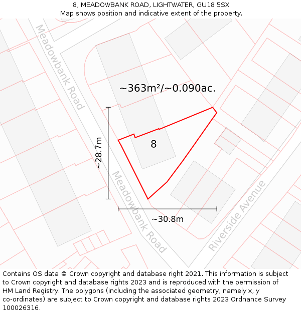 8, MEADOWBANK ROAD, LIGHTWATER, GU18 5SX: Plot and title map