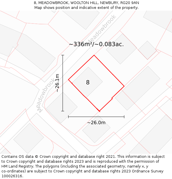 8, MEADOWBROOK, WOOLTON HILL, NEWBURY, RG20 9AN: Plot and title map