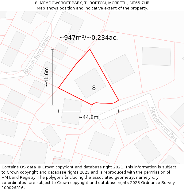 8, MEADOWCROFT PARK, THROPTON, MORPETH, NE65 7HR: Plot and title map