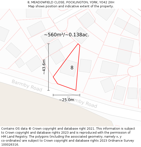 8, MEADOWFIELD CLOSE, POCKLINGTON, YORK, YO42 2XH: Plot and title map