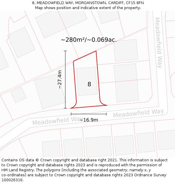 8, MEADOWFIELD WAY, MORGANSTOWN, CARDIFF, CF15 8FN: Plot and title map