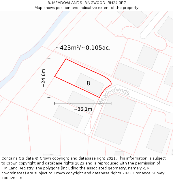 8, MEADOWLANDS, RINGWOOD, BH24 3EZ: Plot and title map