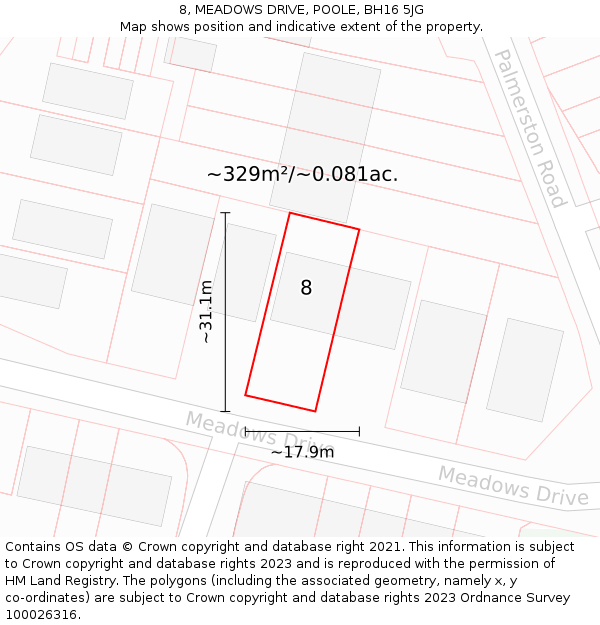 8, MEADOWS DRIVE, POOLE, BH16 5JG: Plot and title map