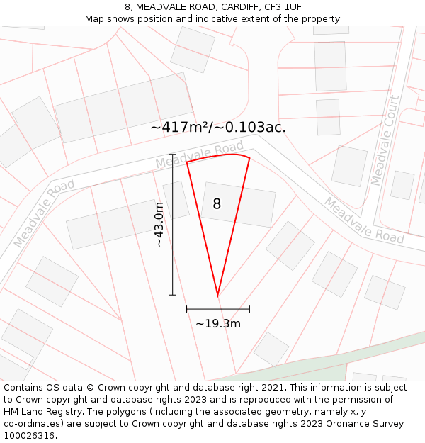 8, MEADVALE ROAD, CARDIFF, CF3 1UF: Plot and title map