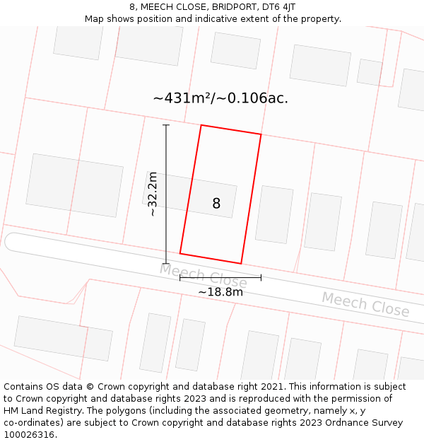 8, MEECH CLOSE, BRIDPORT, DT6 4JT: Plot and title map