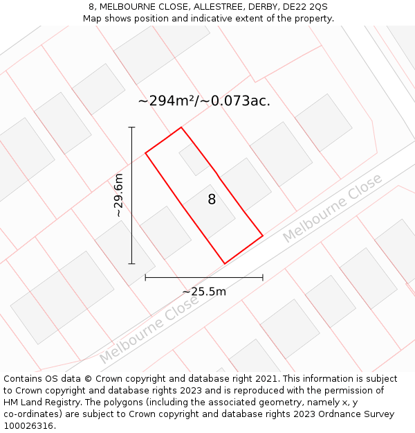8, MELBOURNE CLOSE, ALLESTREE, DERBY, DE22 2QS: Plot and title map