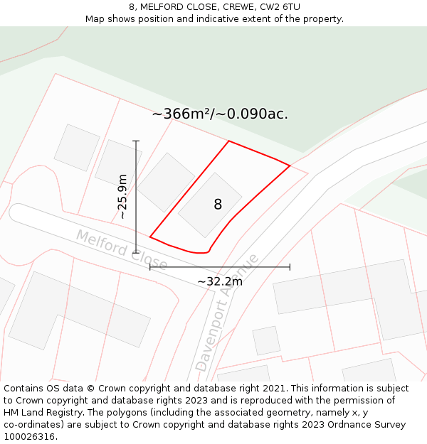 8, MELFORD CLOSE, CREWE, CW2 6TU: Plot and title map