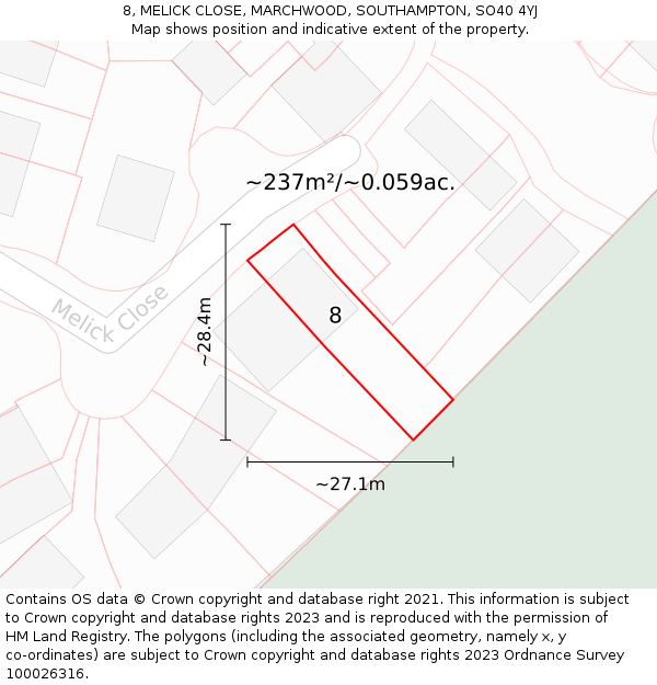 8, MELICK CLOSE, MARCHWOOD, SOUTHAMPTON, SO40 4YJ: Plot and title map