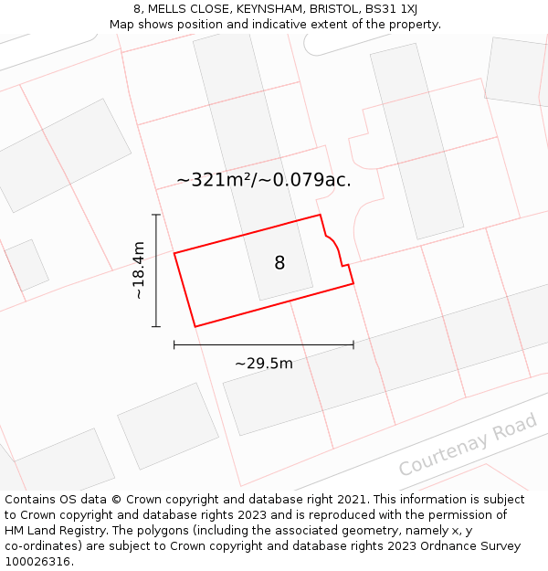 8, MELLS CLOSE, KEYNSHAM, BRISTOL, BS31 1XJ: Plot and title map