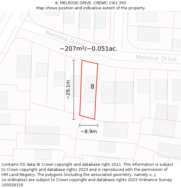 8, MELROSE DRIVE, CREWE, CW1 3YD: Plot and title map