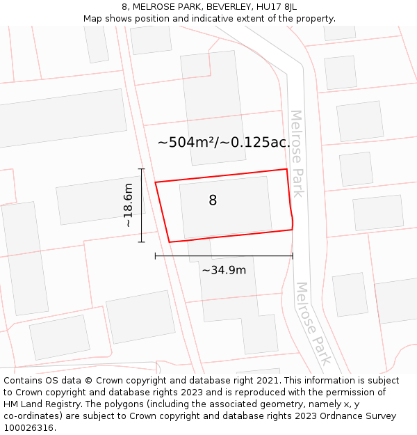 8, MELROSE PARK, BEVERLEY, HU17 8JL: Plot and title map