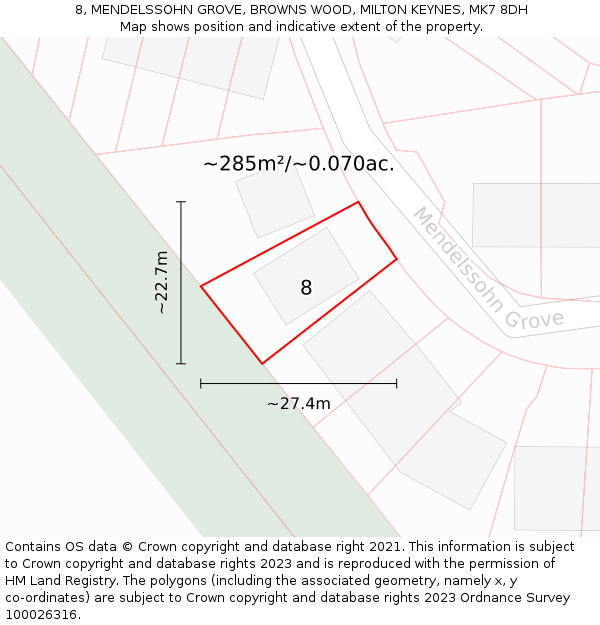 8, MENDELSSOHN GROVE, BROWNS WOOD, MILTON KEYNES, MK7 8DH: Plot and title map