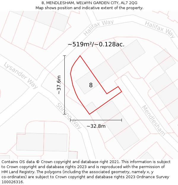 8, MENDLESHAM, WELWYN GARDEN CITY, AL7 2QG: Plot and title map