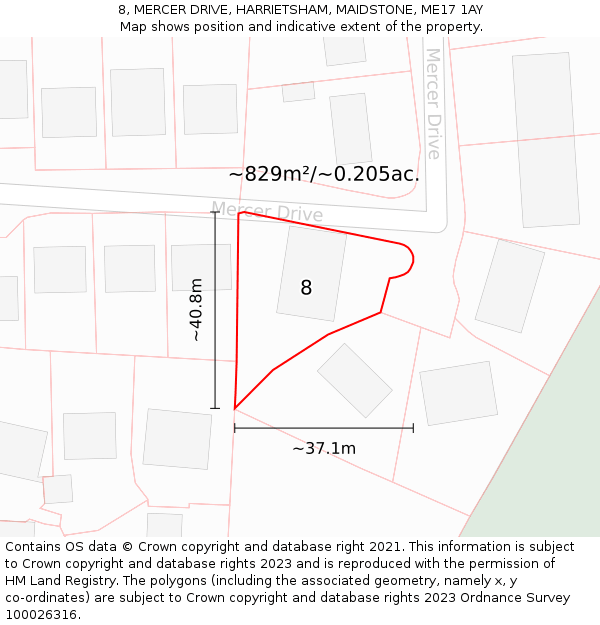 8, MERCER DRIVE, HARRIETSHAM, MAIDSTONE, ME17 1AY: Plot and title map