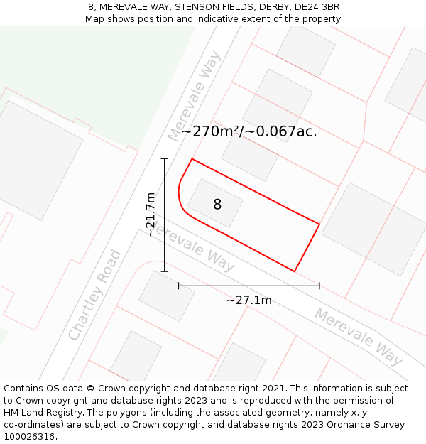 8, MEREVALE WAY, STENSON FIELDS, DERBY, DE24 3BR: Plot and title map