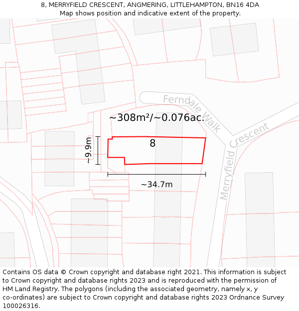 8, MERRYFIELD CRESCENT, ANGMERING, LITTLEHAMPTON, BN16 4DA: Plot and title map