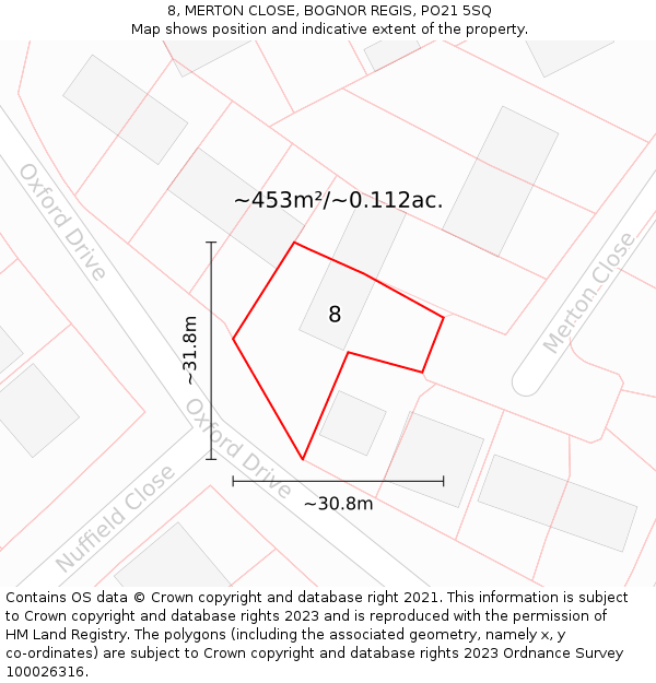 8, MERTON CLOSE, BOGNOR REGIS, PO21 5SQ: Plot and title map