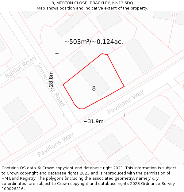 8, MERTON CLOSE, BRACKLEY, NN13 6DQ: Plot and title map