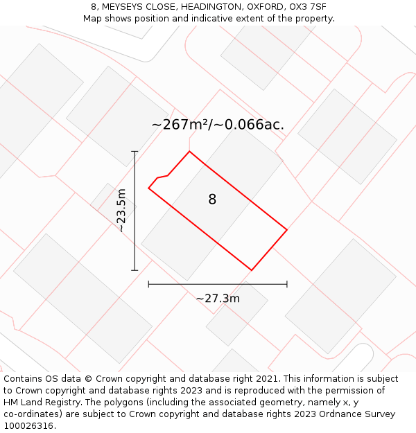 8, MEYSEYS CLOSE, HEADINGTON, OXFORD, OX3 7SF: Plot and title map