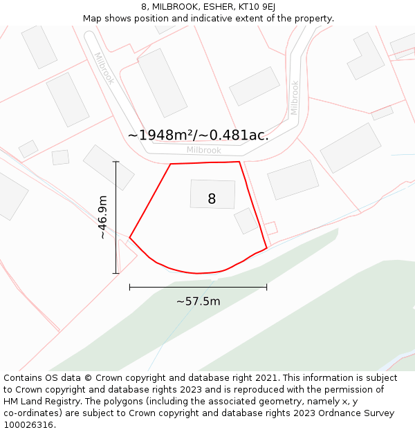 8, MILBROOK, ESHER, KT10 9EJ: Plot and title map