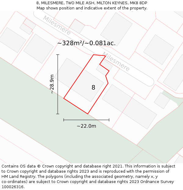 8, MILESMERE, TWO MILE ASH, MILTON KEYNES, MK8 8DP: Plot and title map