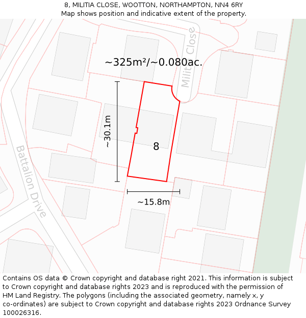 8, MILITIA CLOSE, WOOTTON, NORTHAMPTON, NN4 6RY: Plot and title map