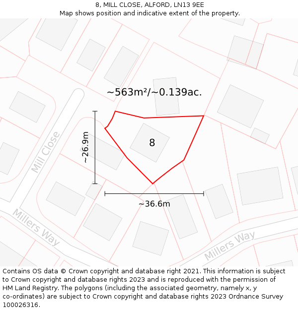 8, MILL CLOSE, ALFORD, LN13 9EE: Plot and title map