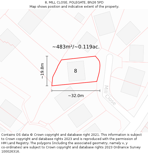 8, MILL CLOSE, POLEGATE, BN26 5PD: Plot and title map