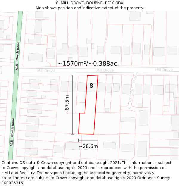 8, MILL DROVE, BOURNE, PE10 9BX: Plot and title map