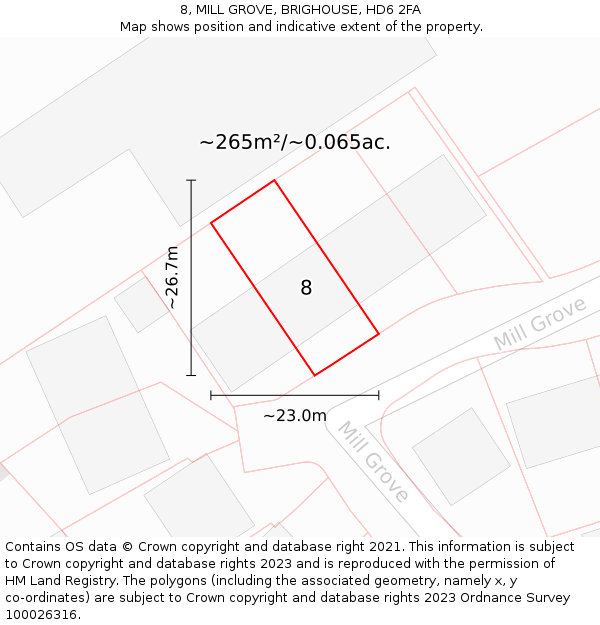 8, MILL GROVE, BRIGHOUSE, HD6 2FA: Plot and title map