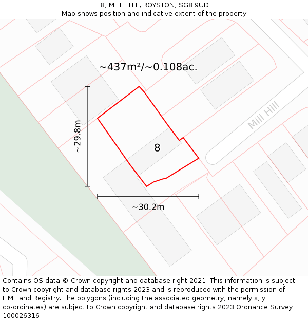 8, MILL HILL, ROYSTON, SG8 9UD: Plot and title map