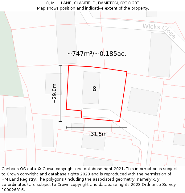 8, MILL LANE, CLANFIELD, BAMPTON, OX18 2RT: Plot and title map